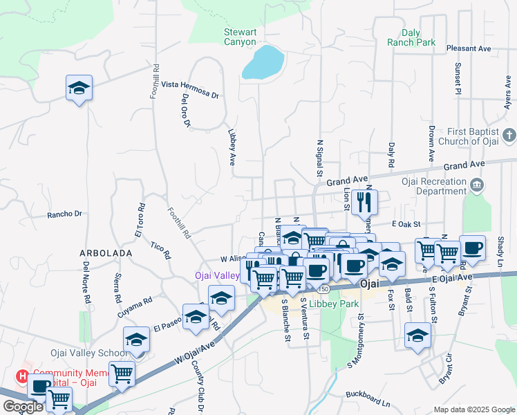map of restaurants, bars, coffee shops, grocery stores, and more near 507 Canada Street in Ojai