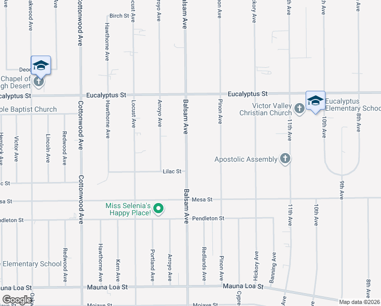 map of restaurants, bars, coffee shops, grocery stores, and more near 11077 Balsam Avenue in Hesperia
