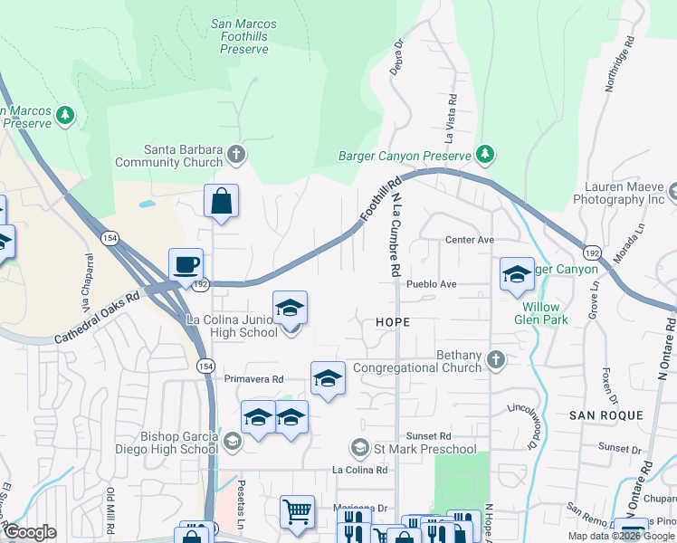 map of restaurants, bars, coffee shops, grocery stores, and more near 3969 Foothill Road in Santa Barbara