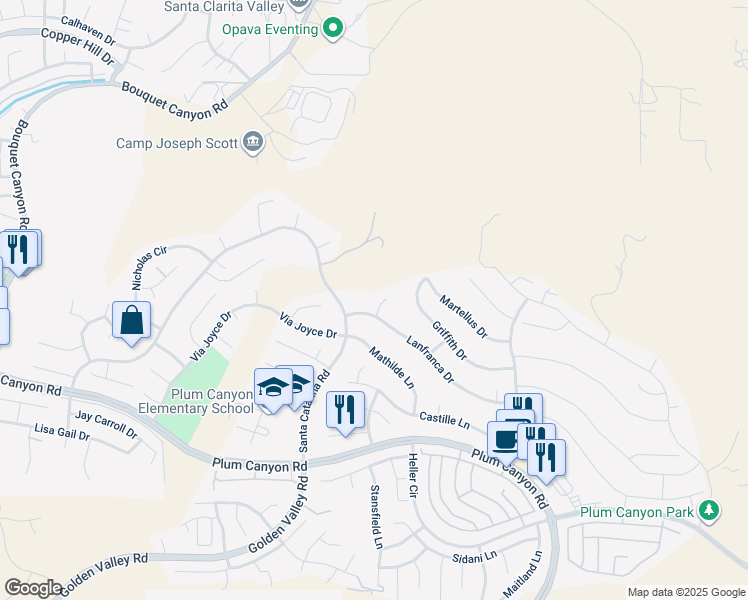 map of restaurants, bars, coffee shops, grocery stores, and more near 28717 Hammons Court in Santa Clarita