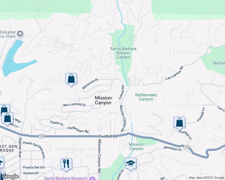 map of restaurants, bars, coffee shops, grocery stores, and more near 1076 Cheltenham Road in Santa Barbara