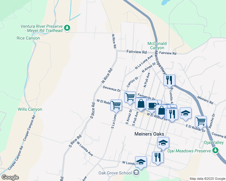 map of restaurants, bars, coffee shops, grocery stores, and more near 929 Devereux Drive in Ojai
