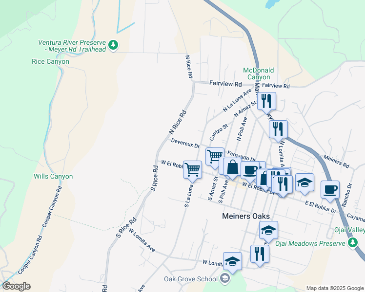 map of restaurants, bars, coffee shops, grocery stores, and more near 929 Devereux Drive in Ojai