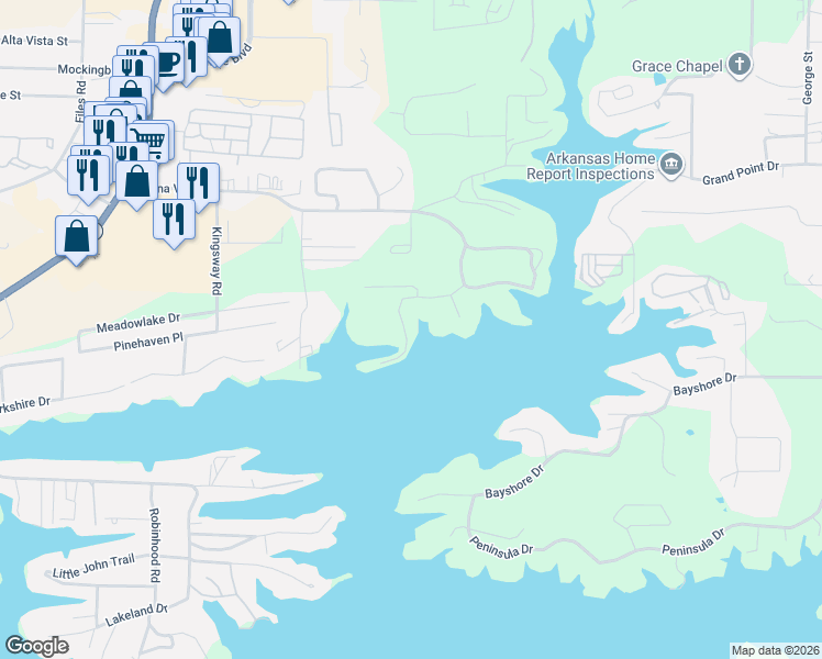 map of restaurants, bars, coffee shops, grocery stores, and more near 5 5 Points Road in Hot Springs