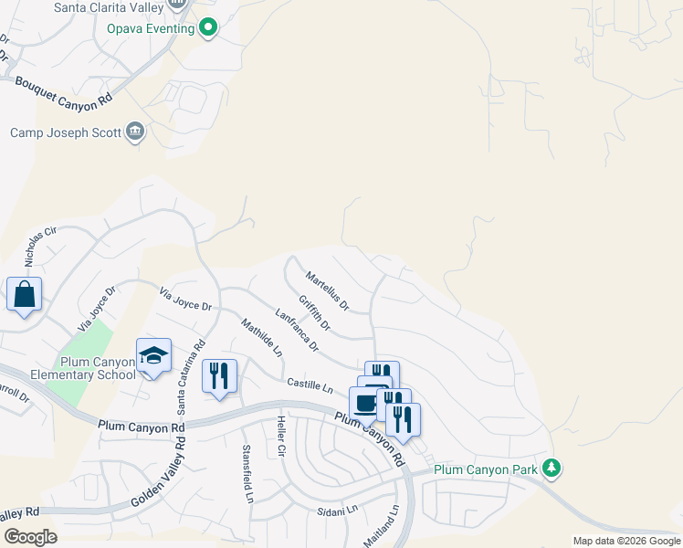 map of restaurants, bars, coffee shops, grocery stores, and more near 19452 Maldonado Place in Santa Clarita