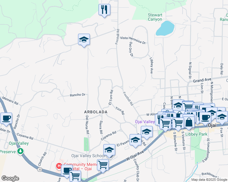 map of restaurants, bars, coffee shops, grocery stores, and more near 715 El Toro Road in Ojai