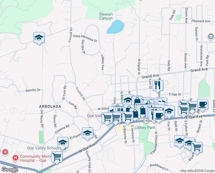 map of restaurants, bars, coffee shops, grocery stores, and more near 412 Mallory Way in Ojai