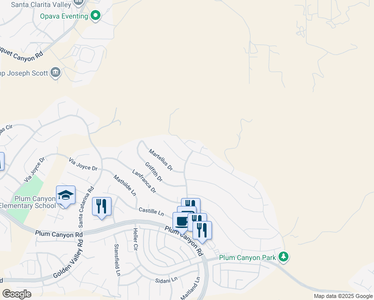 map of restaurants, bars, coffee shops, grocery stores, and more near 19412 Bension Drive in Santa Clarita