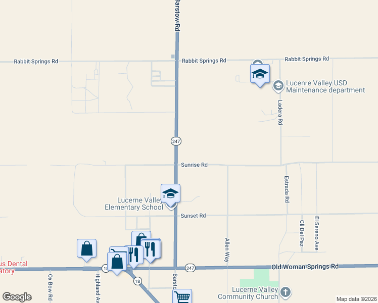 map of restaurants, bars, coffee shops, grocery stores, and more near 32900-33098 Sunrise Road in Lucerne Valley