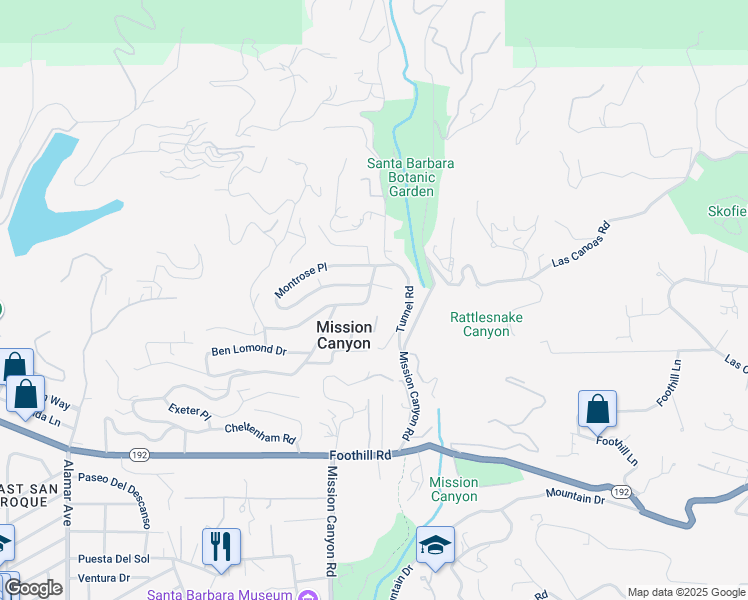 map of restaurants, bars, coffee shops, grocery stores, and more near 1076 Cheltenham Road in Santa Barbara