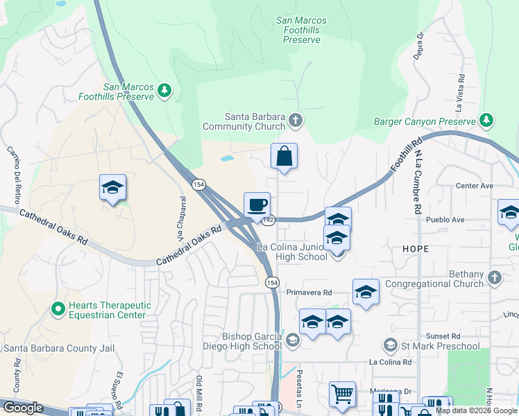 map of restaurants, bars, coffee shops, grocery stores, and more near 4132 Foothill Road in Santa Barbara