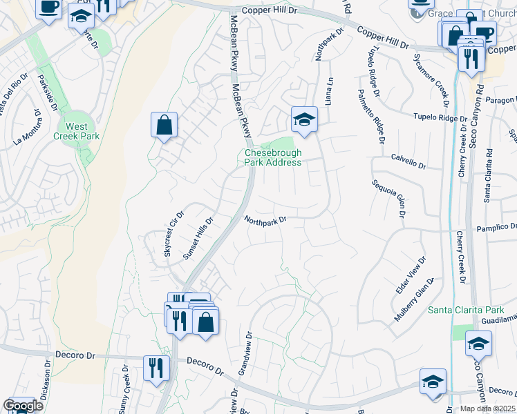 map of restaurants, bars, coffee shops, grocery stores, and more near 23525 Hearthside Court in Santa Clarita