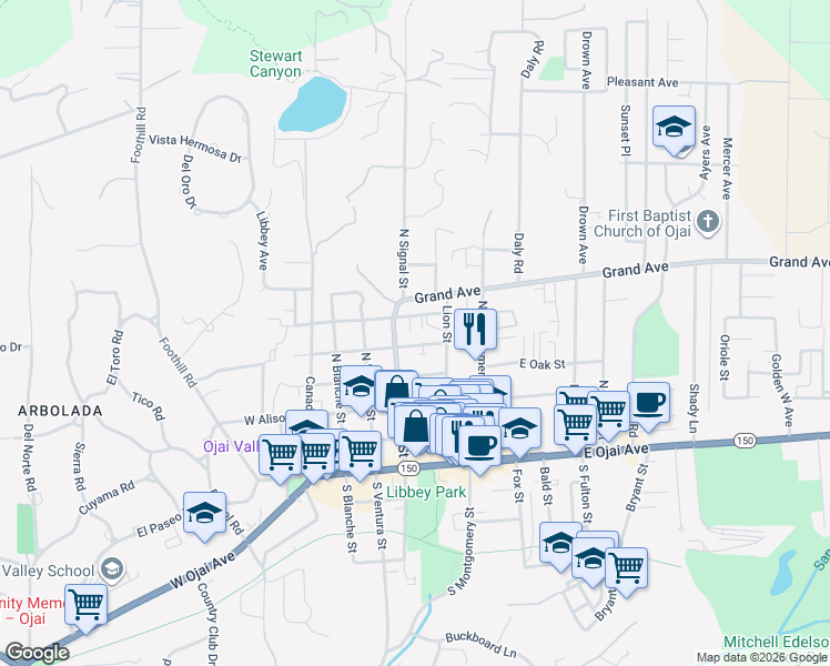 map of restaurants, bars, coffee shops, grocery stores, and more near 208 East Eucalyptus Street in Ojai