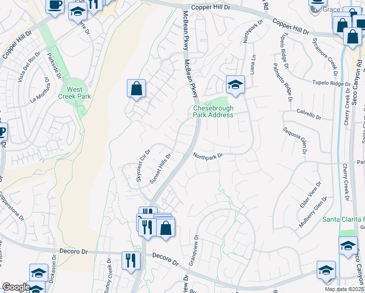 map of restaurants, bars, coffee shops, grocery stores, and more near 23614 Falcon Crest Place in Santa Clarita