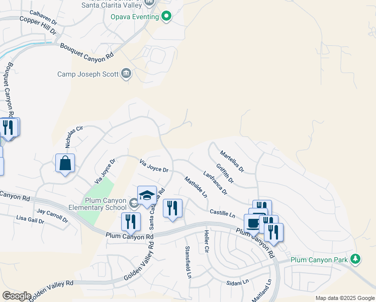 map of restaurants, bars, coffee shops, grocery stores, and more near 28717 Hammons Court in Santa Clarita