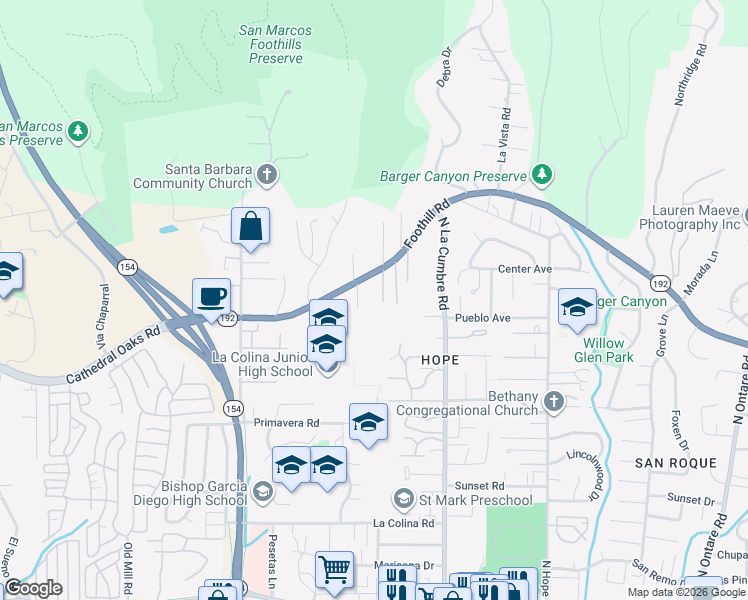 map of restaurants, bars, coffee shops, grocery stores, and more near 3969 Foothill Road in Santa Barbara