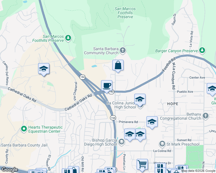 map of restaurants, bars, coffee shops, grocery stores, and more near 4132 Foothill Road in Santa Barbara