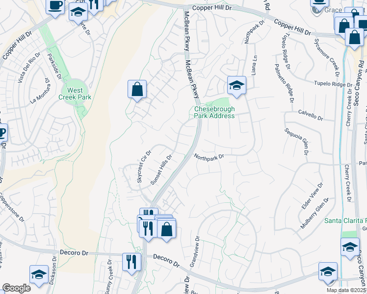 map of restaurants, bars, coffee shops, grocery stores, and more near 23614 Falcon Crest Place in Santa Clarita