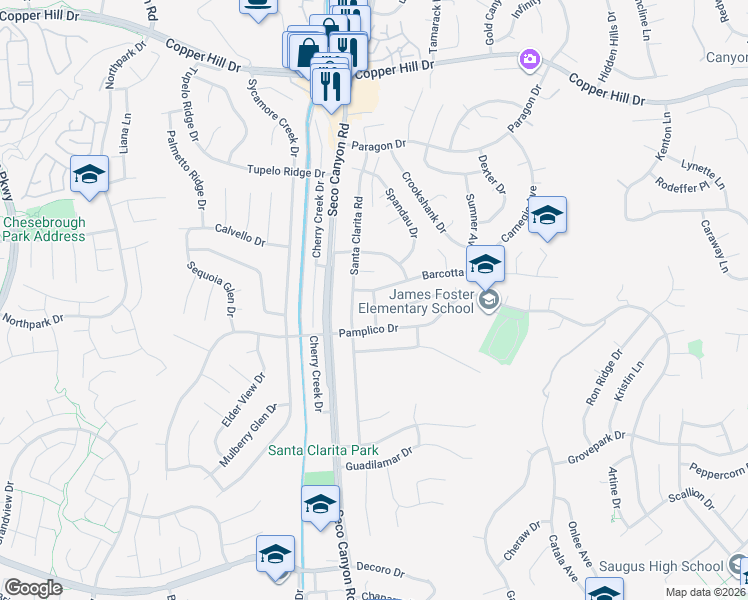 map of restaurants, bars, coffee shops, grocery stores, and more near 22561 Tula Drive in Santa Clarita