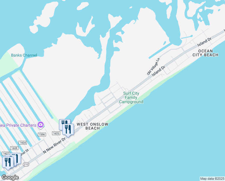 map of restaurants, bars, coffee shops, grocery stores, and more near 2334 Reeves Street in North Topsail Beach
