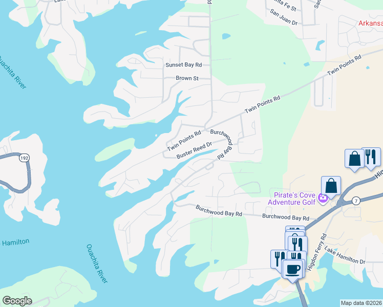 map of restaurants, bars, coffee shops, grocery stores, and more near 133 Buster Reed Drive in Hot Springs