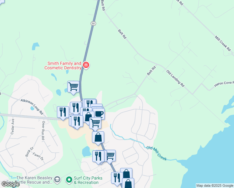 map of restaurants, bars, coffee shops, grocery stores, and more near 1112 Belt Road in Holly Ridge