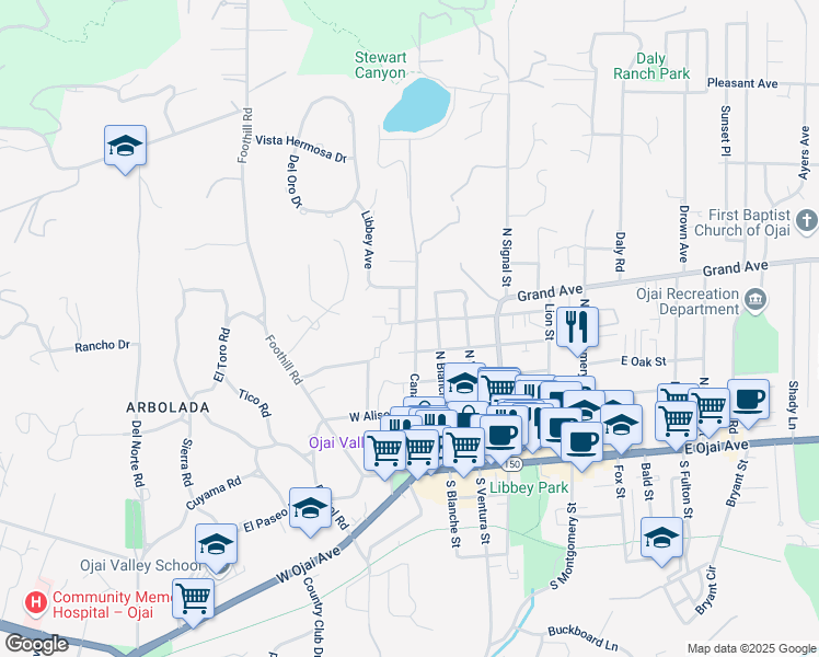 map of restaurants, bars, coffee shops, grocery stores, and more near 507 Canada Street in Ojai