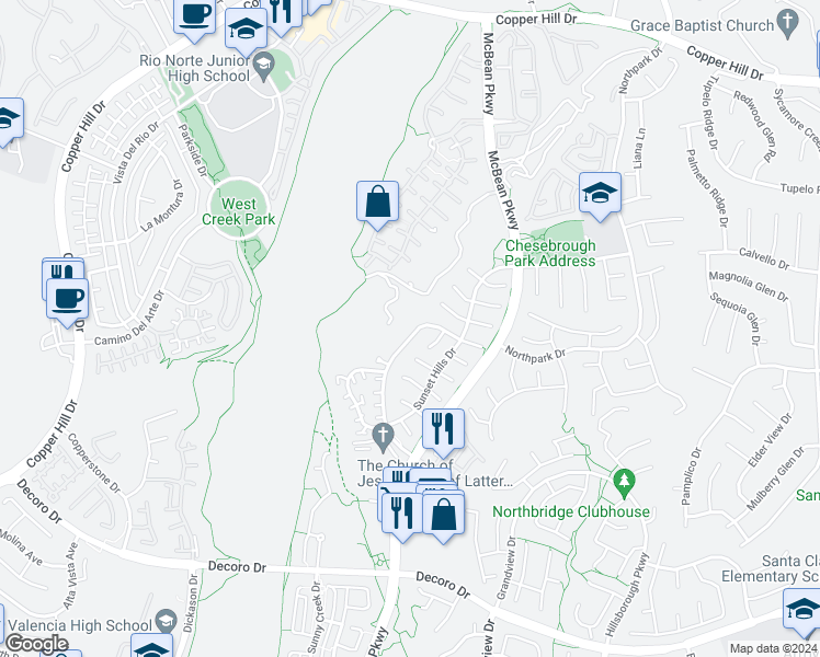 map of restaurants, bars, coffee shops, grocery stores, and more near 27956 Skycrest Circle Drive in Santa Clarita