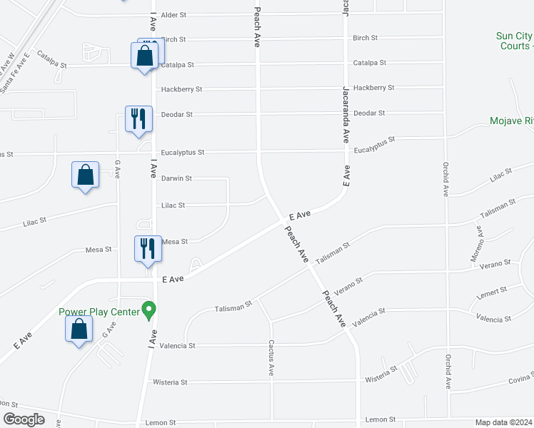 map of restaurants, bars, coffee shops, grocery stores, and more near 11076 Peach Avenue in Hesperia