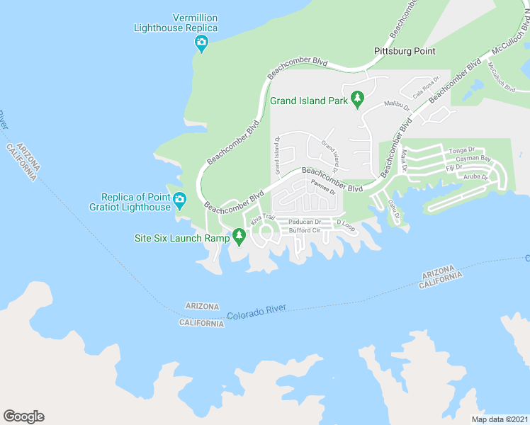 map of restaurants, bars, coffee shops, grocery stores, and more near 555 Beachcomber Boulevard in Lake Havasu City