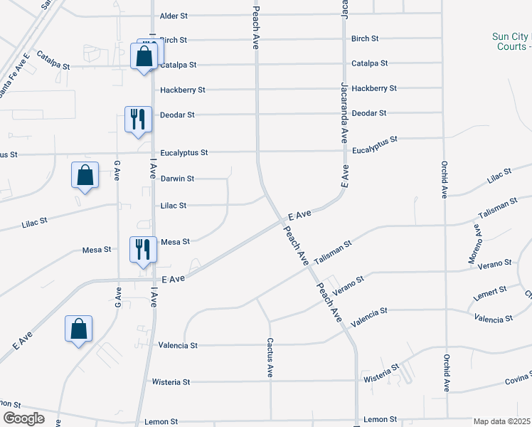 map of restaurants, bars, coffee shops, grocery stores, and more near 11076 Peach Avenue in Hesperia