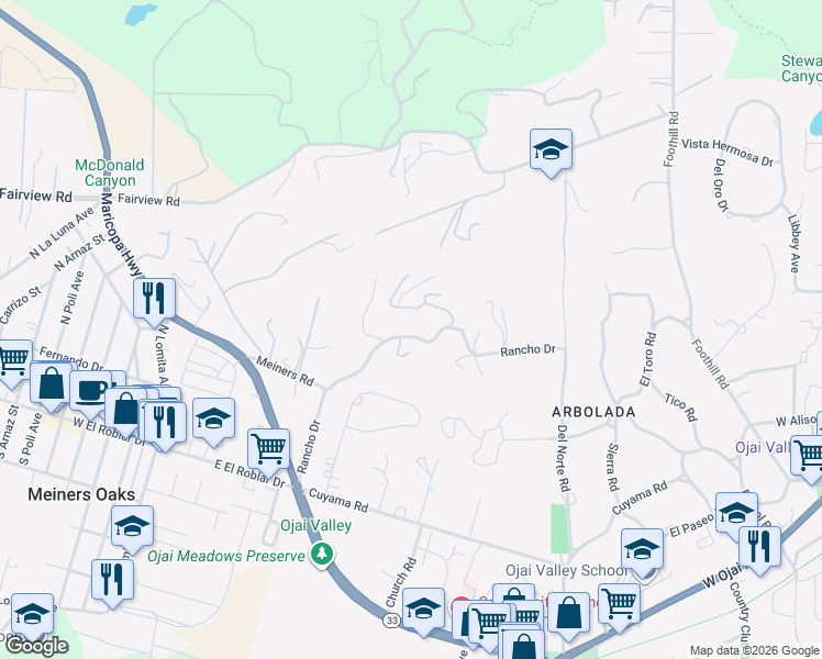 map of restaurants, bars, coffee shops, grocery stores, and more near 1121 Rancho Drive in Ojai
