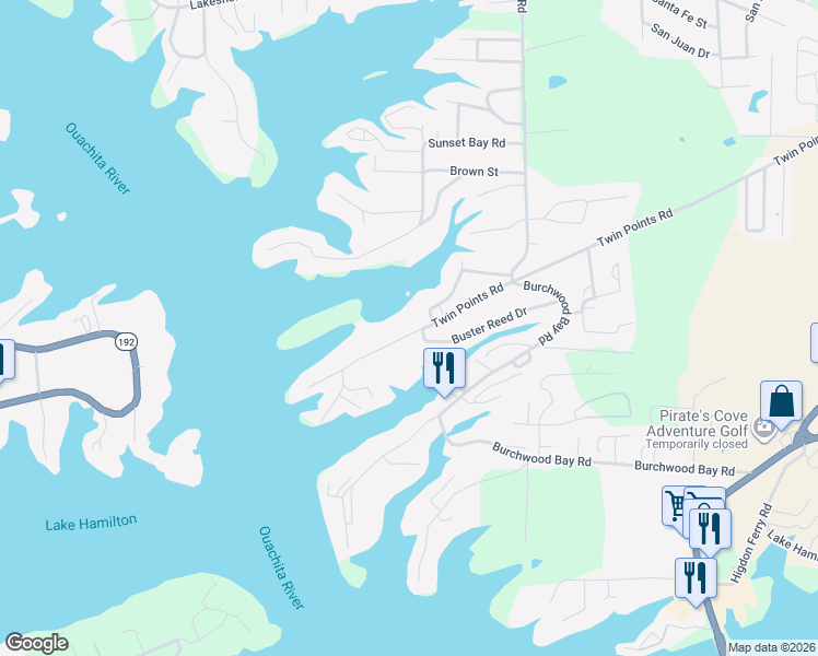 map of restaurants, bars, coffee shops, grocery stores, and more near 1124 Twin Points Road in Hot Springs