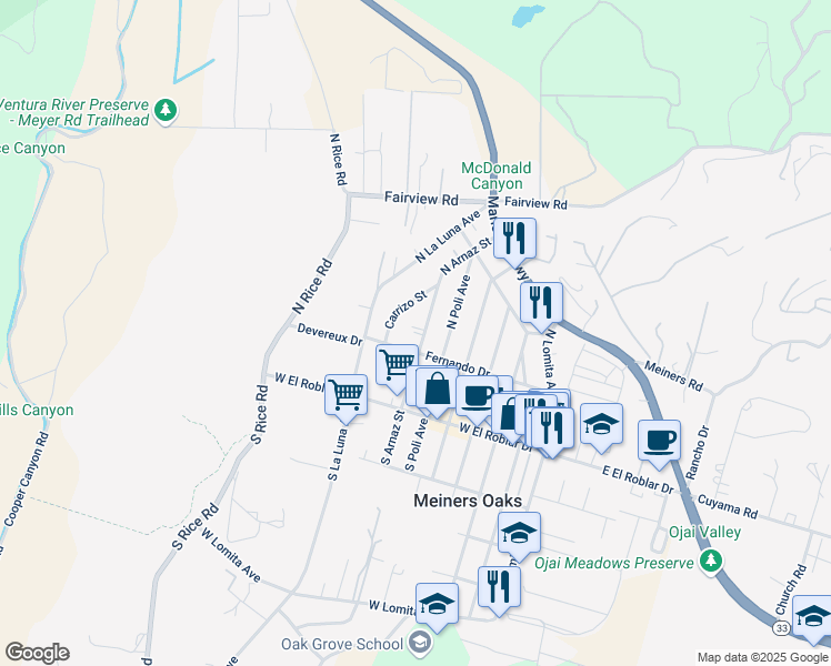 map of restaurants, bars, coffee shops, grocery stores, and more near 225 North Arnaz Street in Ojai