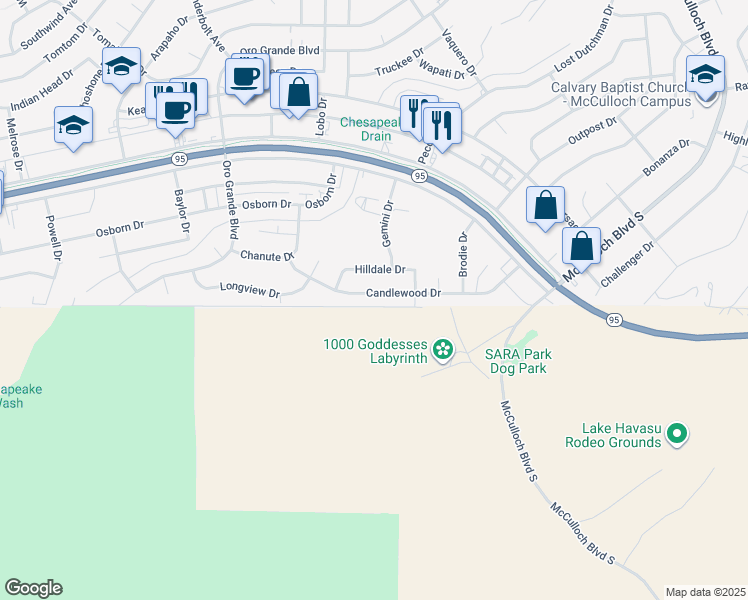 map of restaurants, bars, coffee shops, grocery stores, and more near 3354 Candlewood Drive in Lake Havasu City