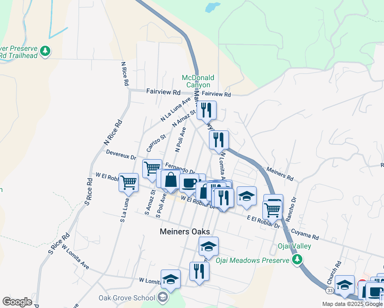 map of restaurants, bars, coffee shops, grocery stores, and more near 239 North Encinal Avenue in Ojai