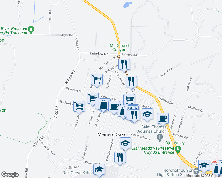 map of restaurants, bars, coffee shops, grocery stores, and more near 245 North Alvarado Street in Ojai