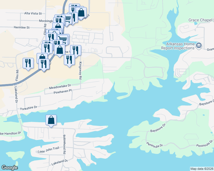 map of restaurants, bars, coffee shops, grocery stores, and more near 203 Aberina Street in Garland County