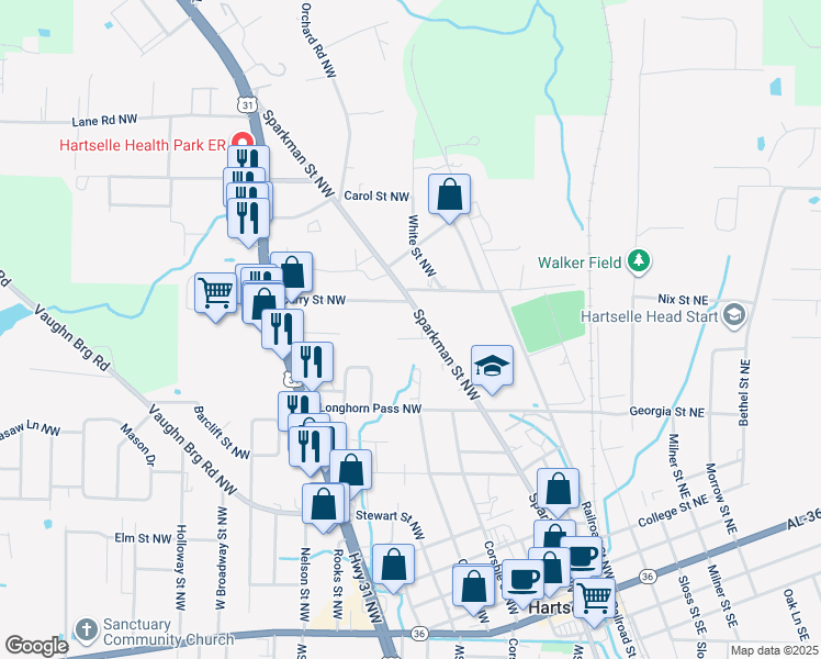 map of restaurants, bars, coffee shops, grocery stores, and more near 1109 Sparkman Street Northwest in Hartselle