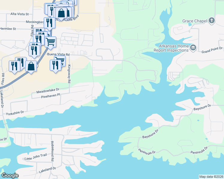 map of restaurants, bars, coffee shops, grocery stores, and more near 258 5 Points Road in Hot Springs