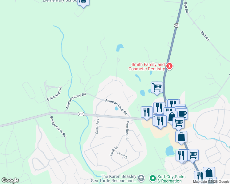 map of restaurants, bars, coffee shops, grocery stores, and more near 106 Dogwood Court in Hampstead