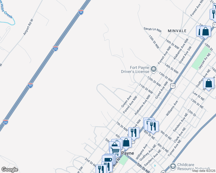 map of restaurants, bars, coffee shops, grocery stores, and more near 609 9th Street Northwest in Fort Payne