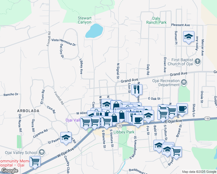 map of restaurants, bars, coffee shops, grocery stores, and more near 106 East Eucalyptus Street in Ojai