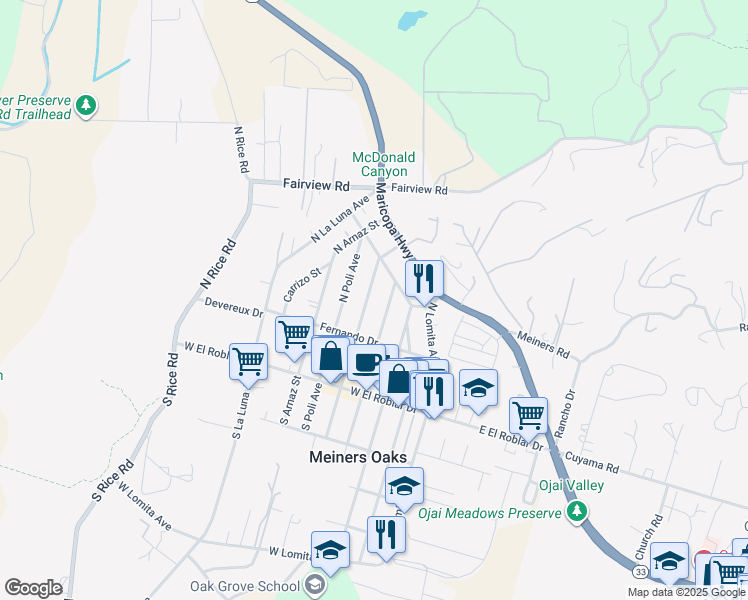 map of restaurants, bars, coffee shops, grocery stores, and more near 239 North Encinal Avenue in Ojai