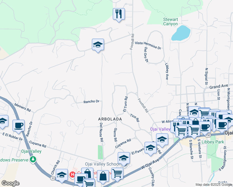 map of restaurants, bars, coffee shops, grocery stores, and more near 612 Palomar Road in Ojai