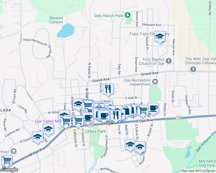 map of restaurants, bars, coffee shops, grocery stores, and more near 509 North Montgomery Street in Ojai