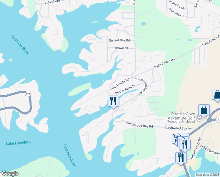 map of restaurants, bars, coffee shops, grocery stores, and more near 144 Buster Reed Drive in Hot Springs