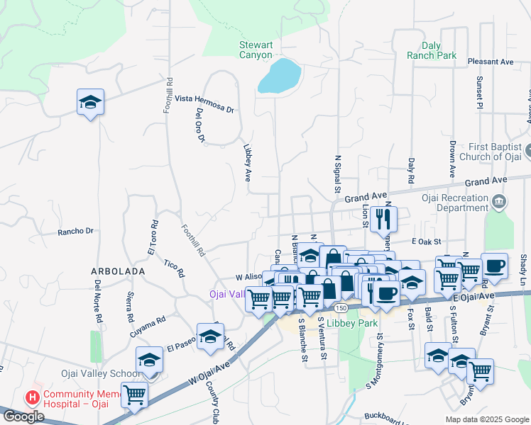 map of restaurants, bars, coffee shops, grocery stores, and more near 607 Emily Street in Ojai