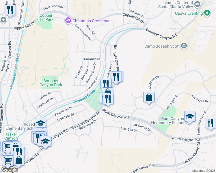 map of restaurants, bars, coffee shops, grocery stores, and more near 28152 Robin Avenue in Santa Clarita