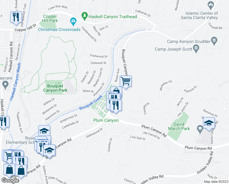 map of restaurants, bars, coffee shops, grocery stores, and more near 28164 Robin Avenue in Santa Clarita